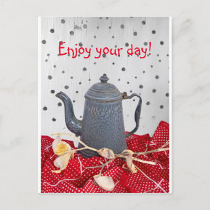 Coffee pot memories & red tablecloth greeting card