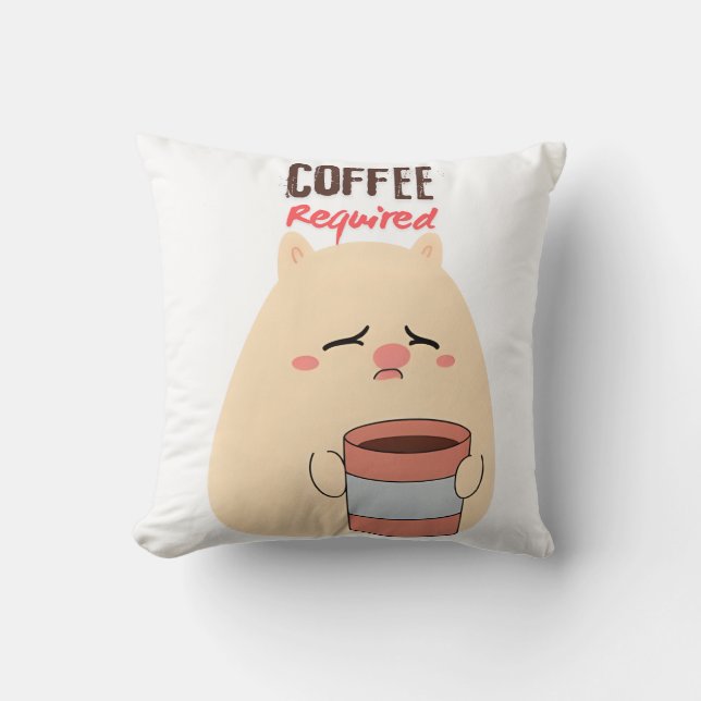 Coffee Required – Cute Tired Doodle Design Throw Pillow (Front)