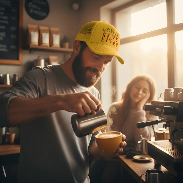 Coffee Saves Lives Trucker Hat (The hero we all need! ☕ Bold, bright, and caffeinated. Shop the coffee collection. #AchempongCaffein)