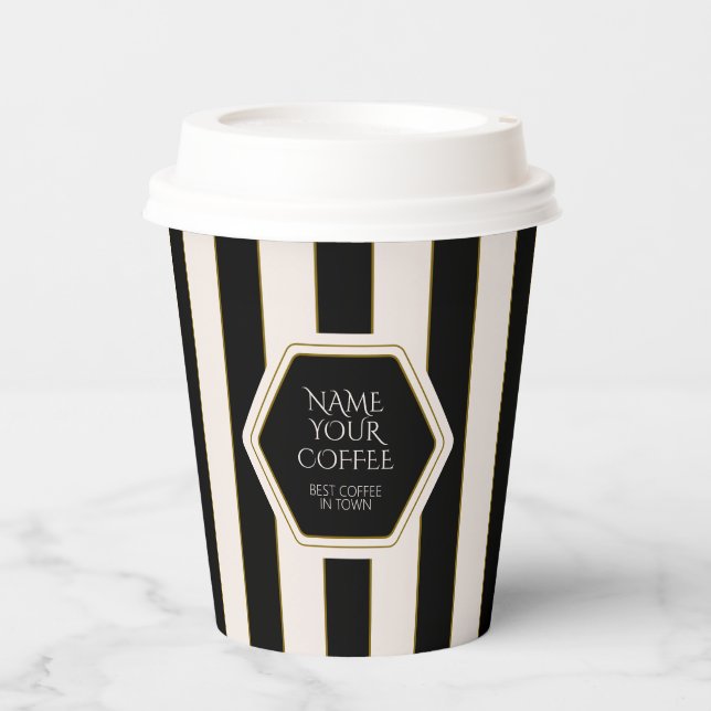 Coffee Shop Black and Cream Stripes with Gold Paper Cups (Front)