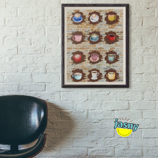 Coffee Shop Mugs Watercolor Art On Brick Wall Poster