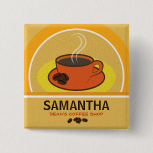 Coffee Shop Orange Cup Cafe Staff ID Name Tags 2 Inch Square Button