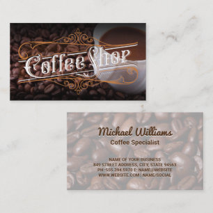 Coffee Shop Vintage Lettering Cup and Beans Business Card