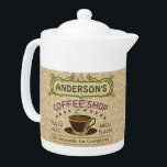 Coffee Shop with Cup Create Your Own Personalized<br><div class="desc">This coffee-themed teapot is perfect for anyone who runs their own coffee shop or has a coffee theme in their home kitchen decor. Done in retro brown, green, purple and hints of orange, this espresso / cappuccino inspired design features a cup on a saucer, two personalized text banners and the...</div>