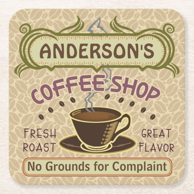 Coffee Shop with Cup Create Your Own Personalized Square Paper Coaster (Front)