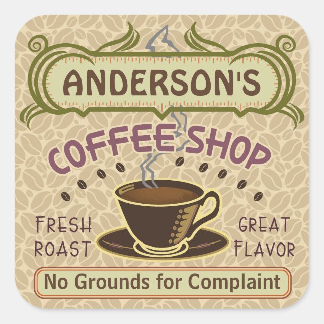 Coffee Shop with Cup Create Your Own Personalized Square Sticker (Front)