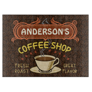 Coffee Shop with Mug and Beans   Personalized Name Cutting Board