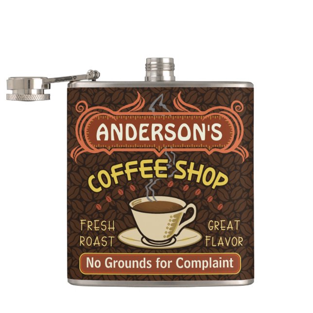 Coffee Shop with Mug Create Your Own Personalized Hip Flask (Opened)
