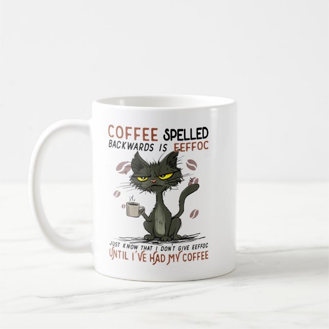 COFFEE Spelled Backwards is EEFFOC Cat Drinking Co Coffee Mug (Left)