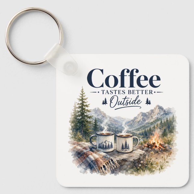 Coffee Tastes Better Outside Mountain Campfire Keychain (Front)