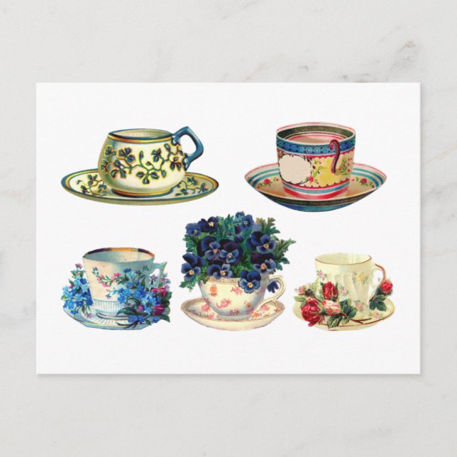 Coffee Tea Cup Floral Vintage Postcard (Front)