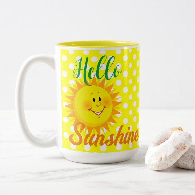 Coffee Tea Mugs, Hello Sunshine Sun Polk a dot  Two-Tone Coffee Mug (With Donut)