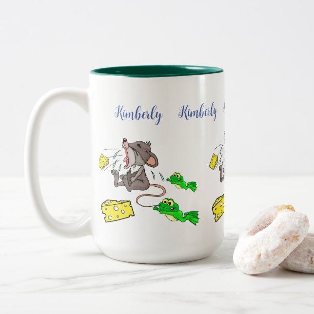 Coffee Tea Mugs, Mouse Frog Cheese  Two-Tone Coffee Mug (With Donut)