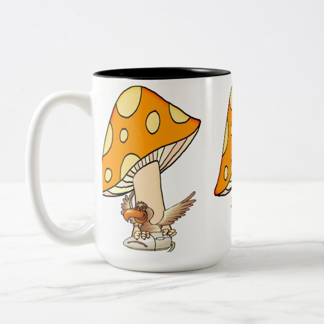 Coffee Tea Mugs, Mushroom Bird  Two-Tone Coffee Mug (Left)