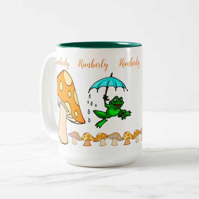 Coffee Tea Mugs, Mushroom Frog  Two-Tone Coffee Mug (Front Left)