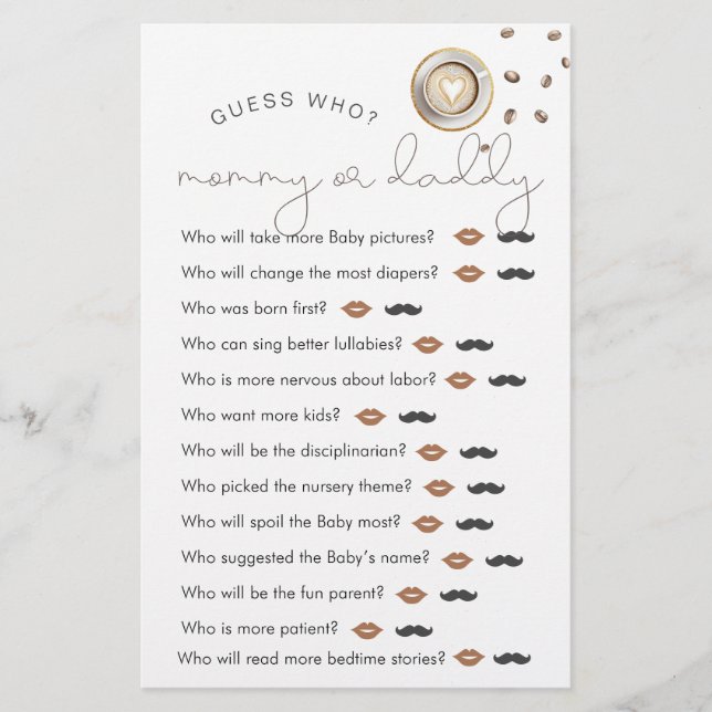 Coffee Themed Baby Shower "Guess Who" Game (Front)