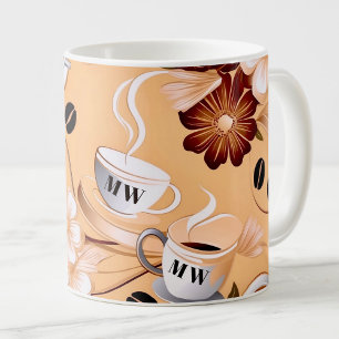 Coffee themed beige, brown flowers initials mug