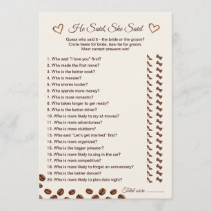 Coffee Themed He Said She Said Game Card