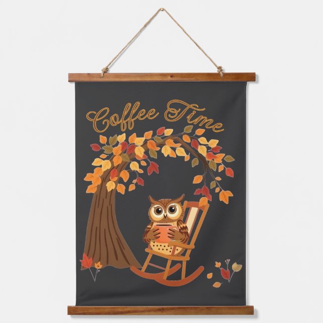 Coffee Time Owl Fall Themed Whimsical Design Hanging Tapestry (Front)