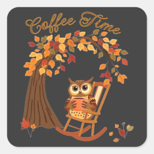 Coffee Time Owl Fall Themed Whimsical Design Square Sticker