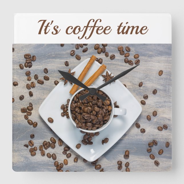 Coffee time with beans and cup customizable text square wall clock (Front)