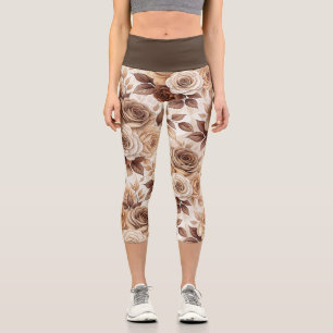 Coffee Tones Floral Rose Pattern Capri Leggings
