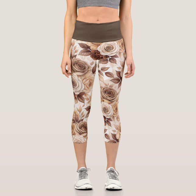 Coffee Tones Floral Rose Pattern Capri Leggings (Front)