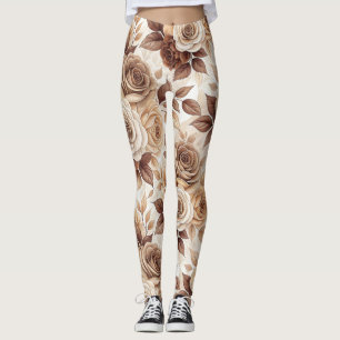 Coffee Tones Floral Rose Pattern Leggings