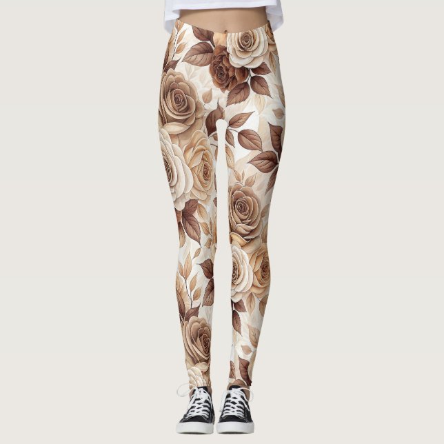 Coffee Tones Floral Rose Pattern Leggings (Front)