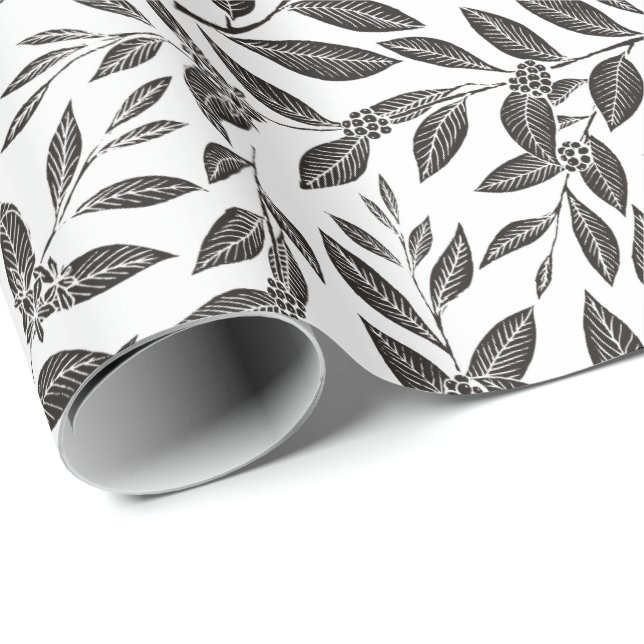 Coffee Tree Leaves Black Pattern Wrapping Paper (Roll Corner)
