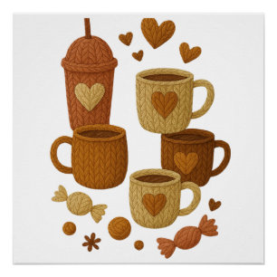 Coffee Valentine Day Love Knitted Hearts Hugs Poster
