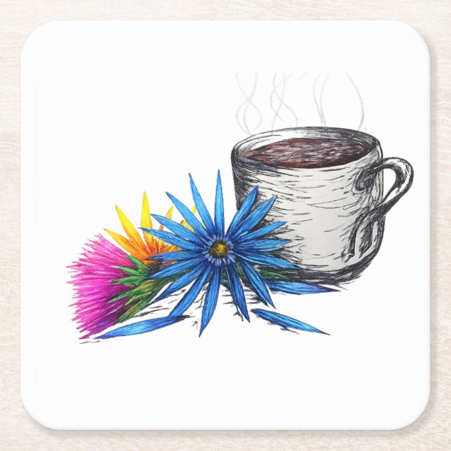 Coffee & Wildflowers Square Paper Coaster (Front)