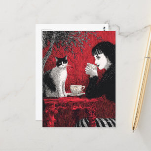 Coffee With a Cat Black White Red Postcard