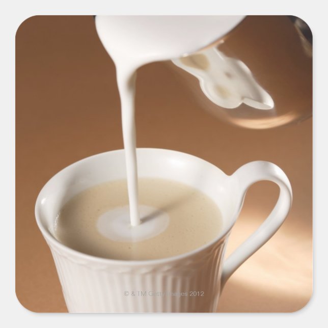 Coffee with milk being poured in square sticker (Front)