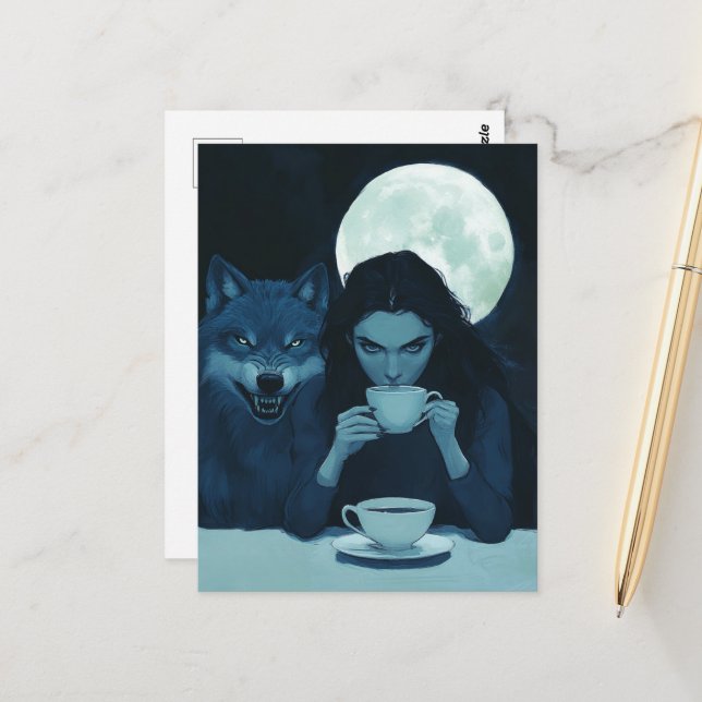 Coffee With the Wolf during a full moon fantasy Postcard (Front/Back In Situ)