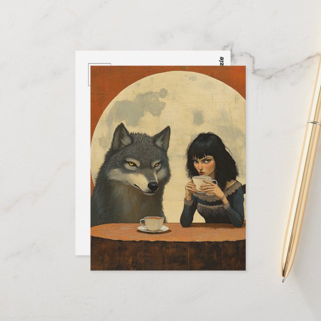 Coffee With the Wolf during a full moon moody Postcard (Front/Back In Situ)