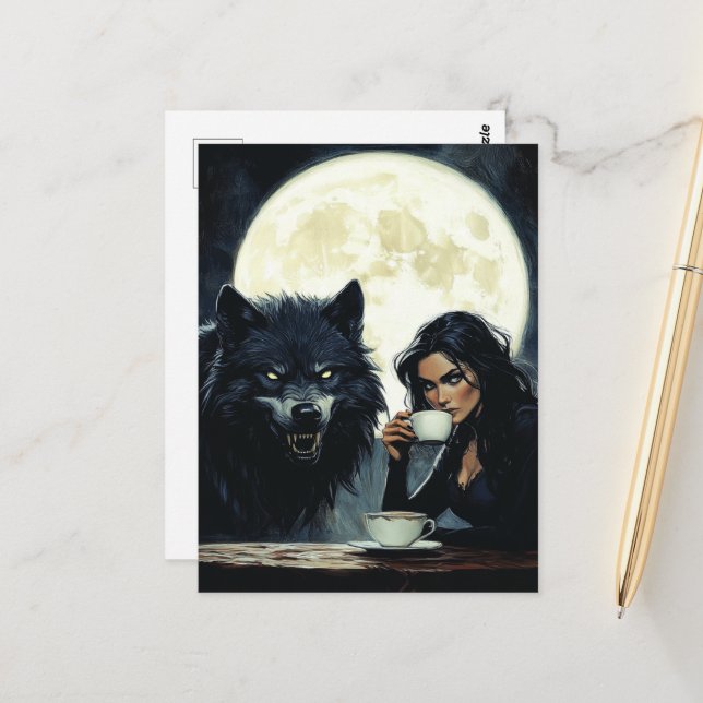Coffee With the Wolf during a full moon Postcard (Front/Back In Situ)