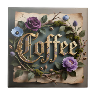 Coffee Word Antique Gold Floral Plaque Tile