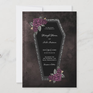 Coffin Black Grey Roses Sparkle Halloween Wedding Invitation