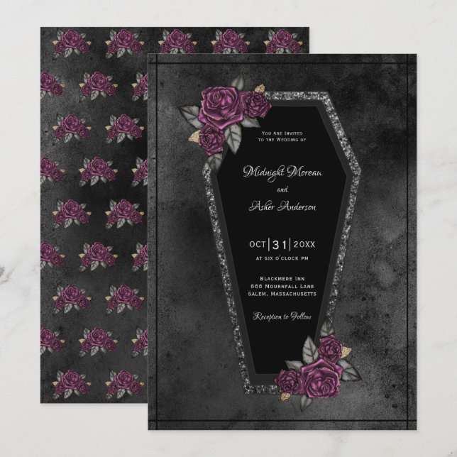 Coffin Black Grey Roses Sparkle Halloween Wedding  Invitation (Front/Back)