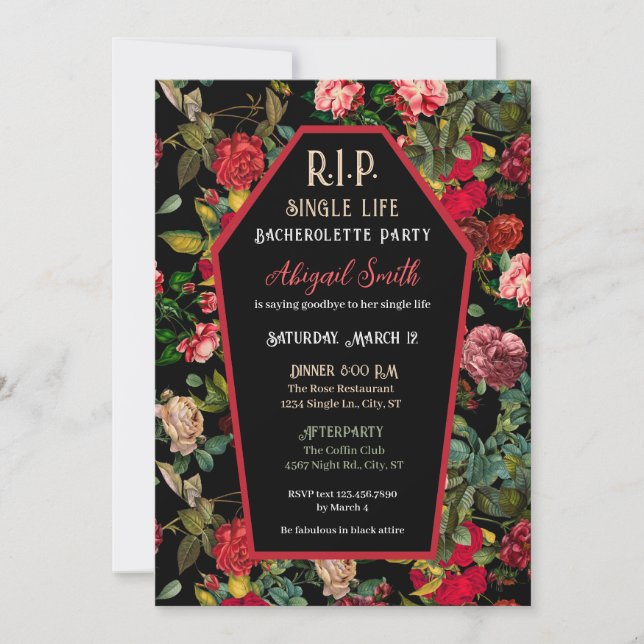 Coffin & Roses R.I.P Bachelorette Party Invitation (Front)