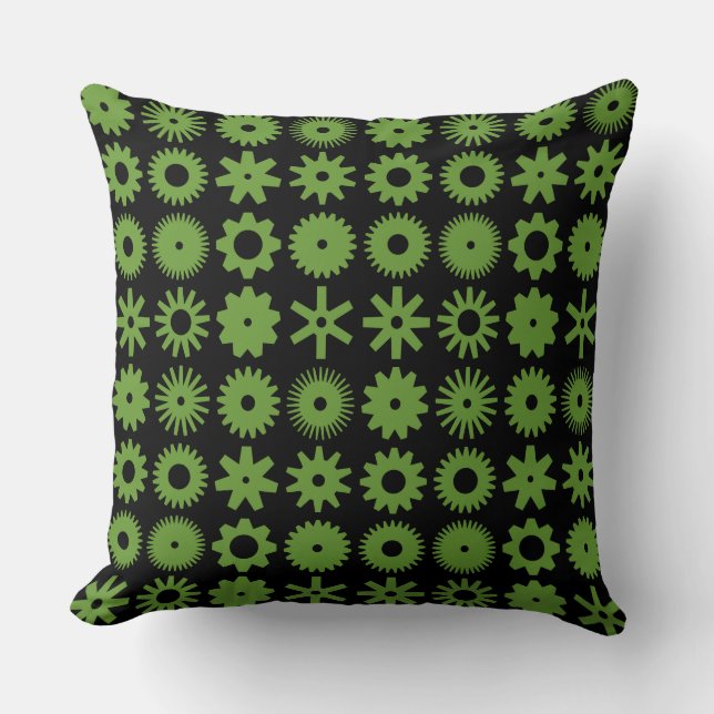 Cogs - Avocado Green on Black Throw Pillow (Front)