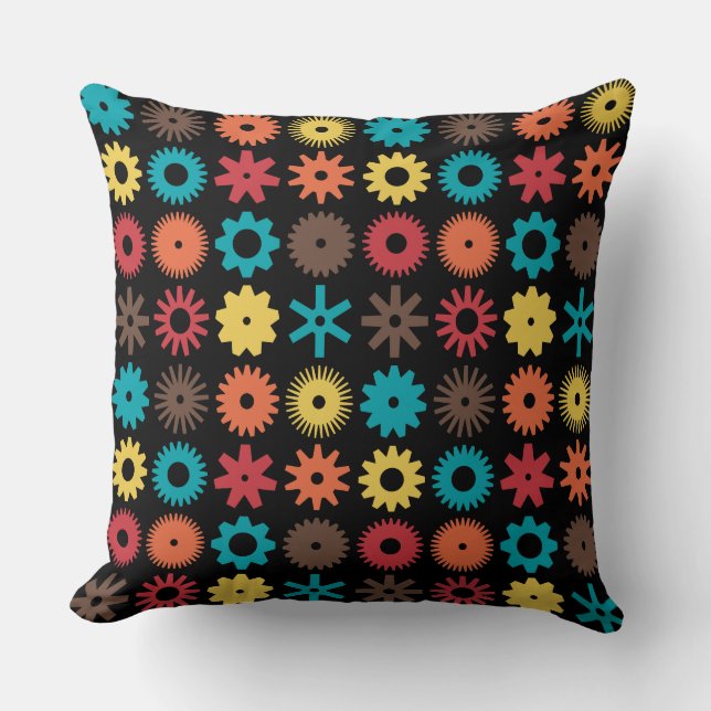 Cogs - Colours 02 on Black Throw Pillow (Front)