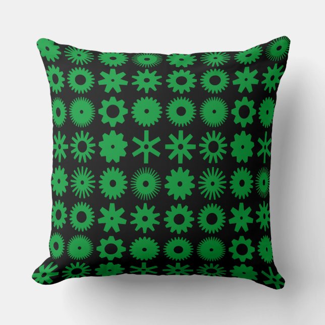 Cogs - Green Grass on Black Throw Pillow (Front)