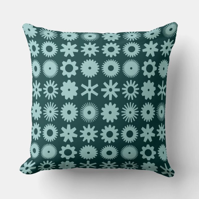 Cogs - Light Blue green on Dark Moss Green Throw Pillow (Front)