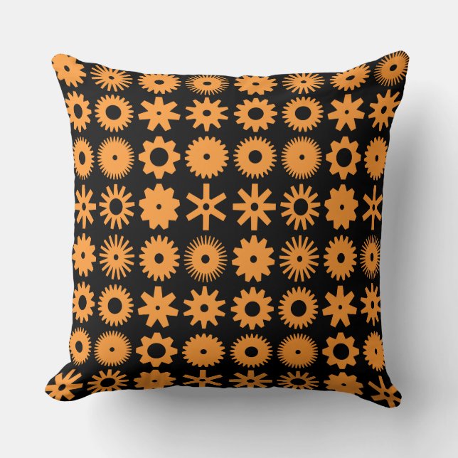 Cogs - Light Orange on Black Throw Pillow (Front)