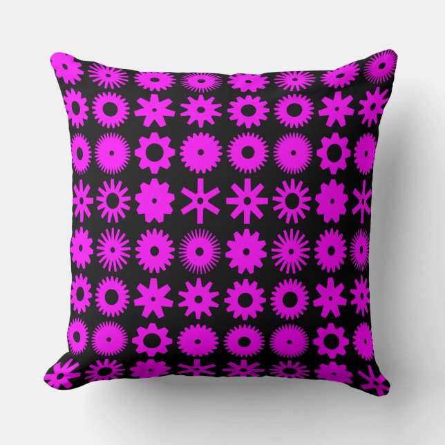 Cogs - Magenta on Black Throw Pillow (Front)