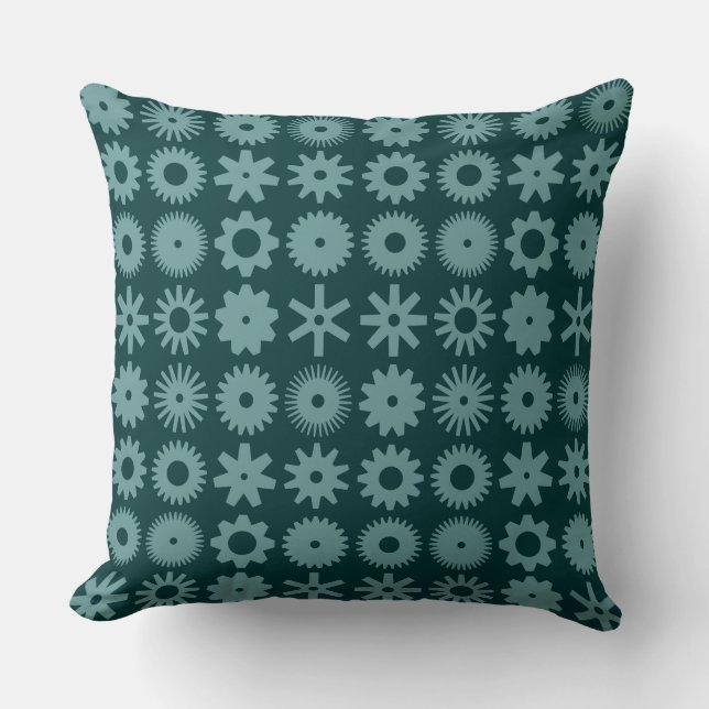 Cogs - Ocean Green on Dark Moss Green Throw Pillow (Front)