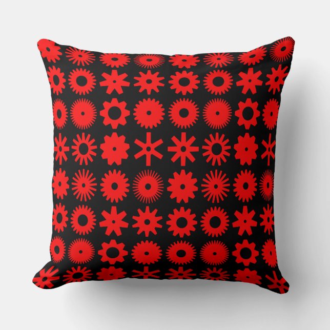 Cogs - Red on Black Throw Pillow (Front)