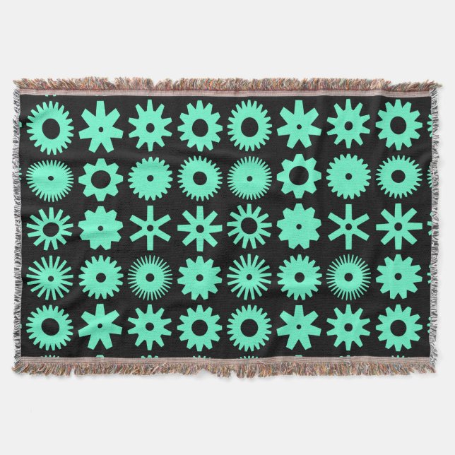 Cogs - Turquoise on Black Throw Blanket (Front)